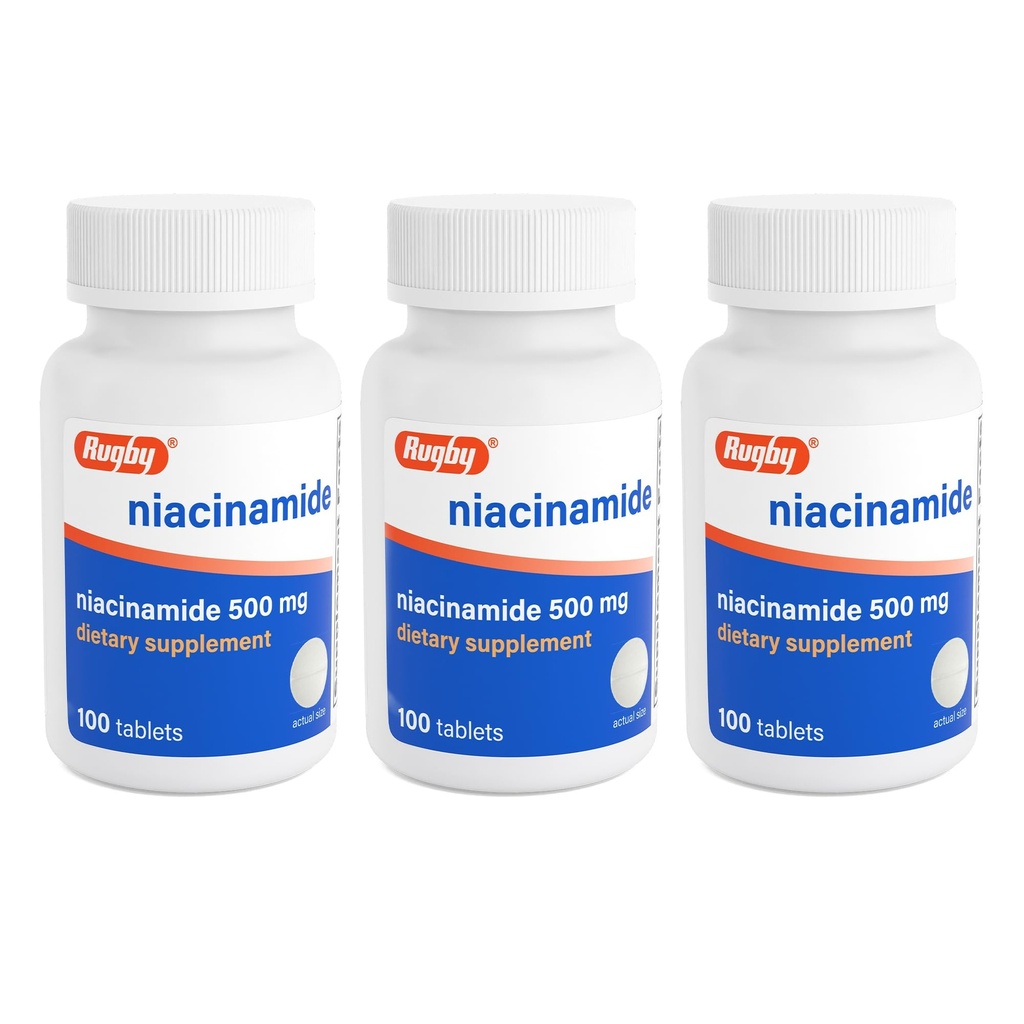 Rugby Niacinamide 500 mg Tablets, Gluten-Free Dietary Supplement for Adults, Supports Overall Health, No Artificial Flavors - 100 Count (Pack of 3)
