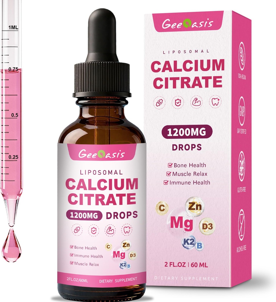 Liposomal Liquid Calcium Citrate Drops 1200MG, Liquid Calcium Magnesium Zinc Supplement for Women & Kids, with Vitamin C, D3 & K2, Boron, Bone & Muscle Health, Immune & Overall Support, 2 Fl Oz