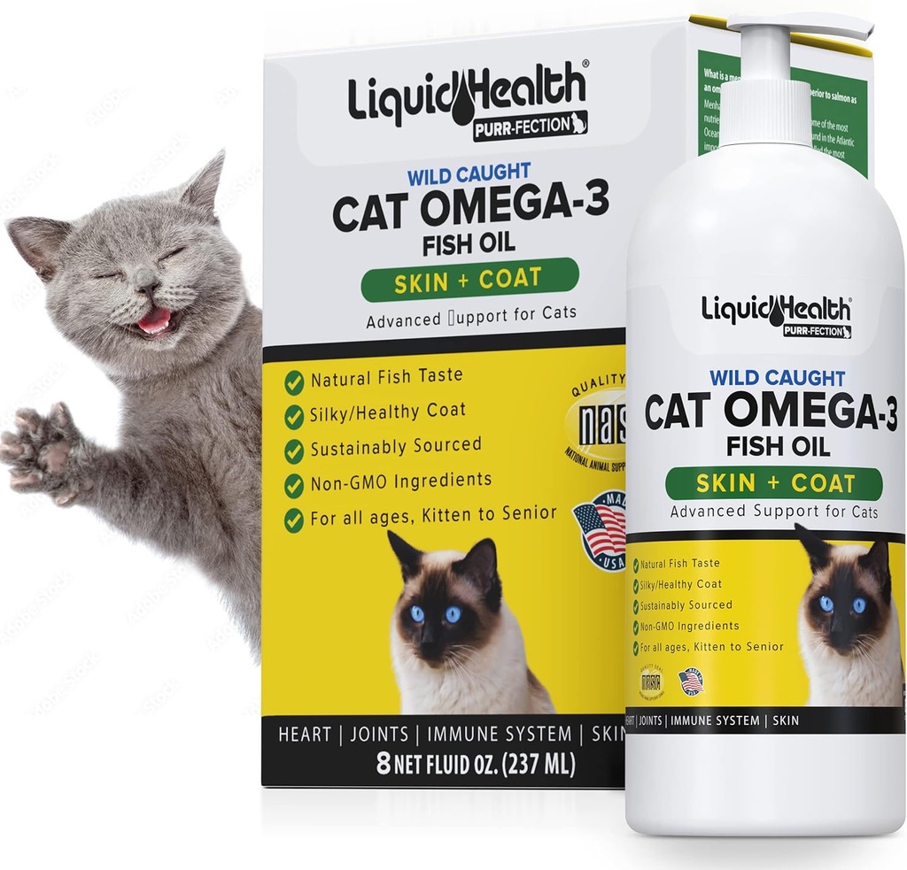 Liquid Health Pets Wild Caught Omega 3 Fish Oil for Cats - Liquid Omega 3 Supplement for Cats with EPA+DPA+DHA - Reduce Itching, Support Joint, Immunity, Brain, Heart Health - Made in The USA (8 oz)