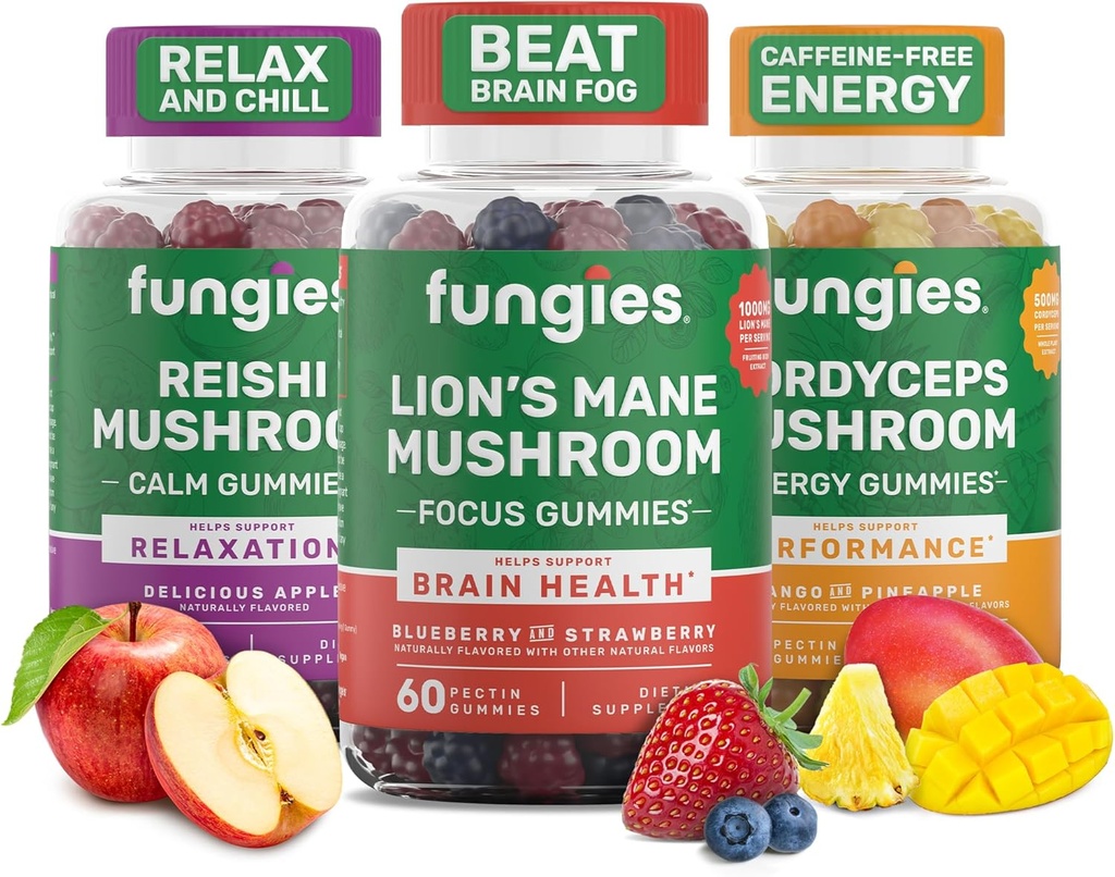 Fungies Mushroom Gummy 3-Pack Bundle, Lion's Mane, Cordyceps & Reishi Gummies for Adults - Mushroom Gummies Supports Brain Health, Gut Health, Energy & Daily Wellness - 180 Servings