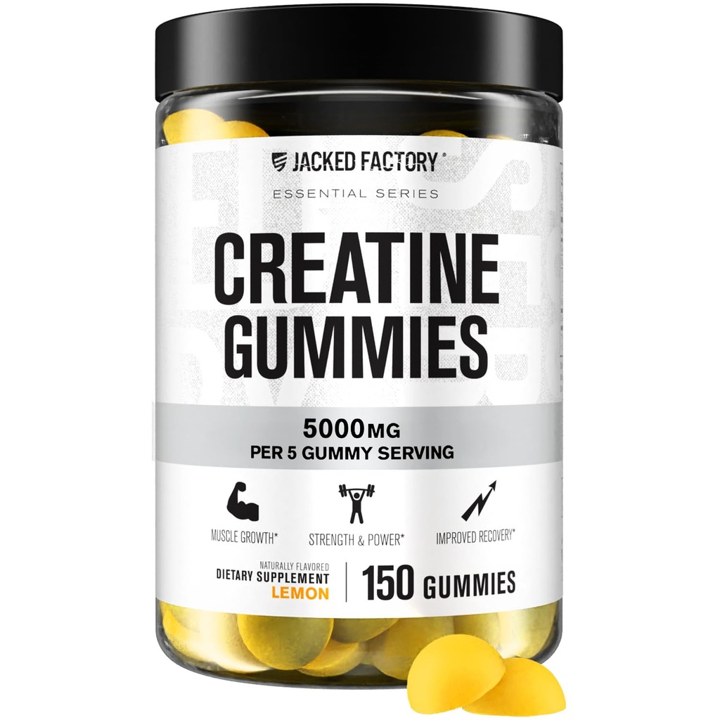 Jacked Factory Creatine Gummies 5g Daily Dose (1g per Gummy) - Creatine Gummy for Men and Women, Vegan-Friendly, Travel-Friendly, Third-Party Tested - 150 Gummies, Lemon