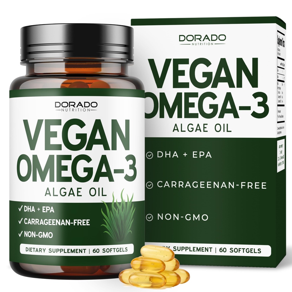 Vegan Omega 3 Algae Oil (60 Softgels) Plant Based DHA EPA - Sustainably Sourced, No Carrageenan, Non GMO | Heart, Brain, and Eye Health - Fish Oil Alternative - Algae Omega 3 Supplement - USA Made