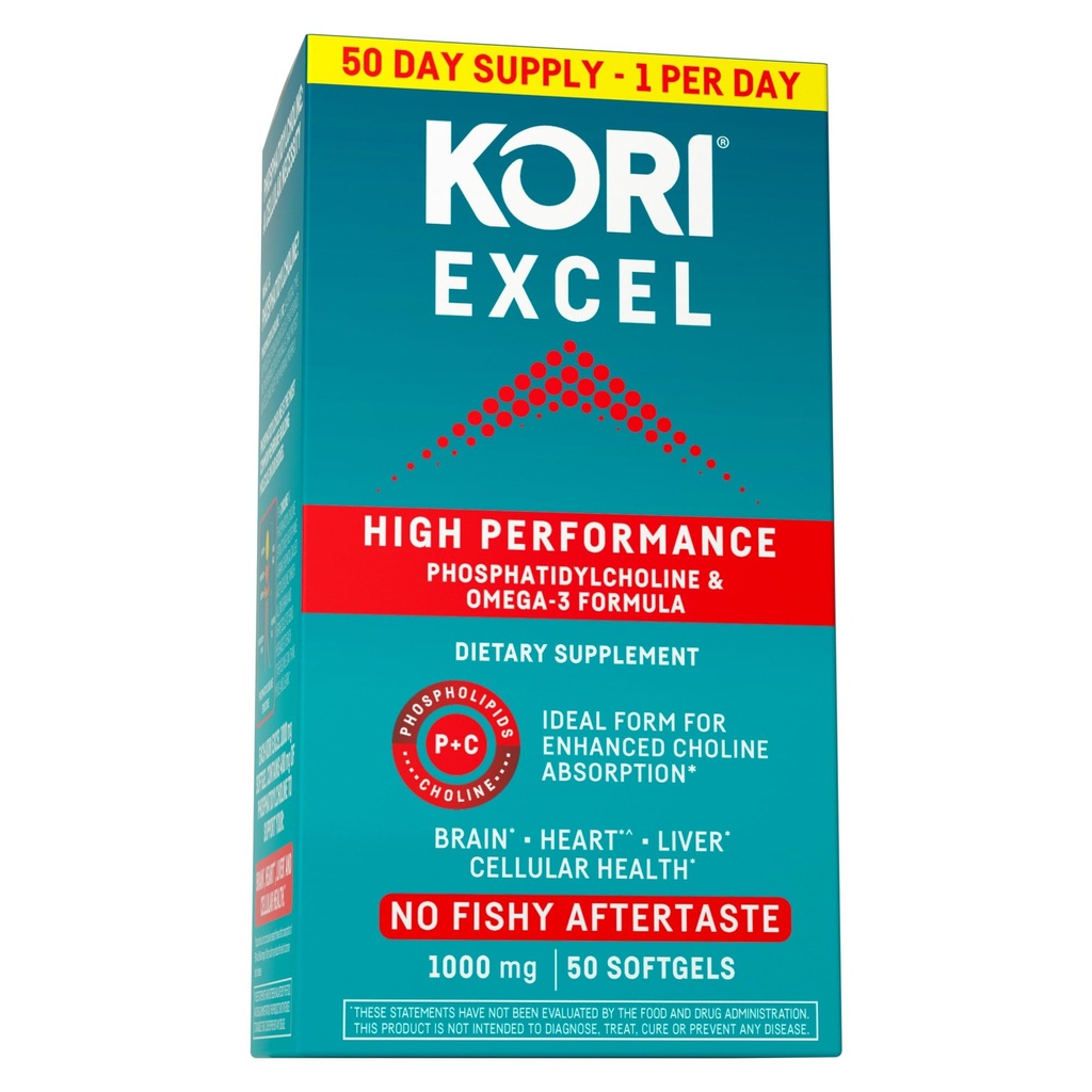 Kori Krill Excel Krill Oil 1000mg Supplements with EPA & DHA, High Performance PC Formula for Max Absorption, Non-GMO Source, 50 Softgels