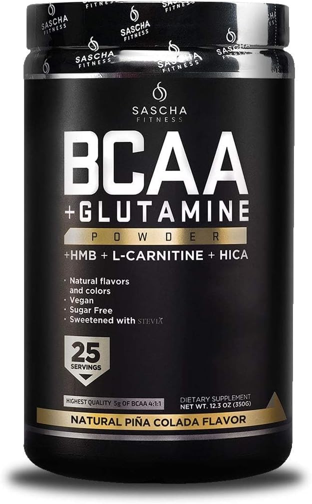 SASCHA FITNESS BCAA 4:1:1 + Glutamine, HMB, L-Carnitine, HICA | Powerful and Instant Powder Blend with Branched Chain Amino Acids (BCAAs) for Pre, Intra and Post-Workout | Natural Piña Colada,362.5g