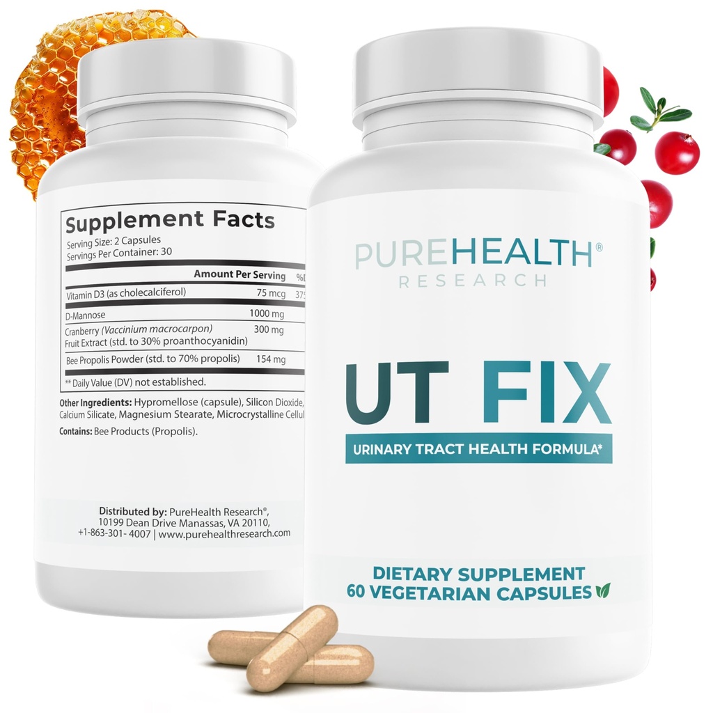 PUREHEALTH RESEARCH UT Fix - Urinary Tract Health Formula - Urinary Tract Support for Women & Men - Cranberry Supplement with D Mannose 1000mg, Vitamin D3 & Bee Propolis - 60 Capsules