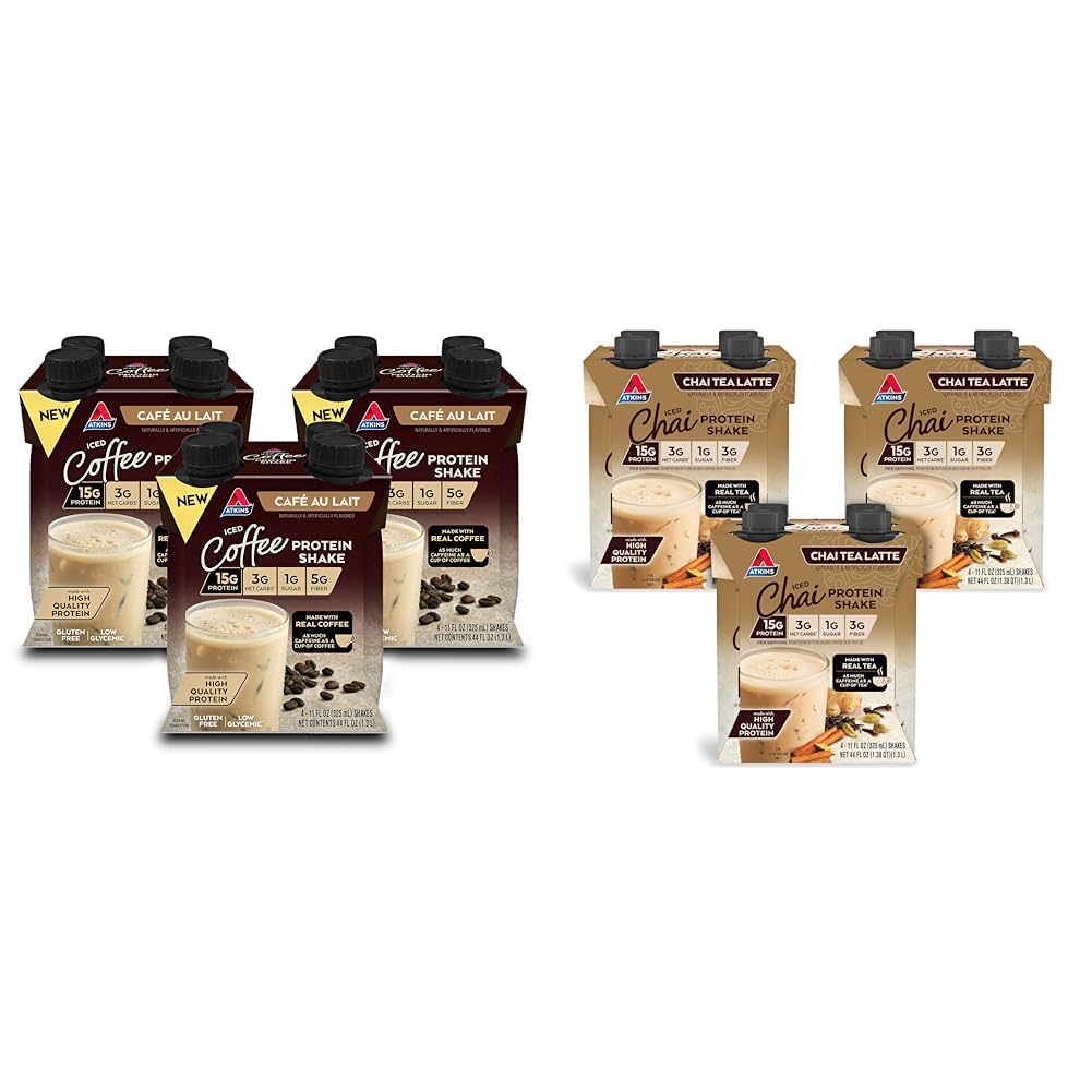 Atkins Café au Lait Iced Coffee Protein Shake, 15g Protein, Low Glycemic, 3g Net Carb, 1g Sugar & Chai Tea Latte Protein Shake, 15g Protein, Low Glycemic, 3g Net Carb, 1g Sugar