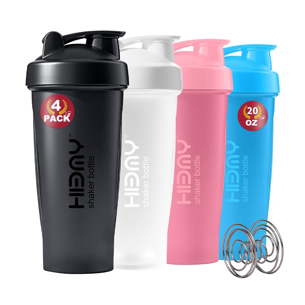 [ 4 Pack 600 ml | 20 oz Protein Shaker Bottles for Protein Mixes, 4 x Whisk Ball | Shaker Cups for Protein Shakes | BPA Free, 100% Leak Proof | Shake Bottle (A) Black/White/Pink/Blue