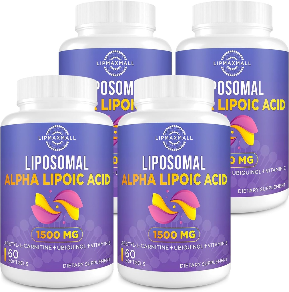 Liposomal Alpha Lipoic Acid 1500mg - with Acetyl-L-Carnitine 900mg & Ubiquinol 100mg & Vitamin E 15mg，ALA Supplement for Antioxidants Glucose Metabolism Nerve Energy,60 Softgels (4 Bottle)