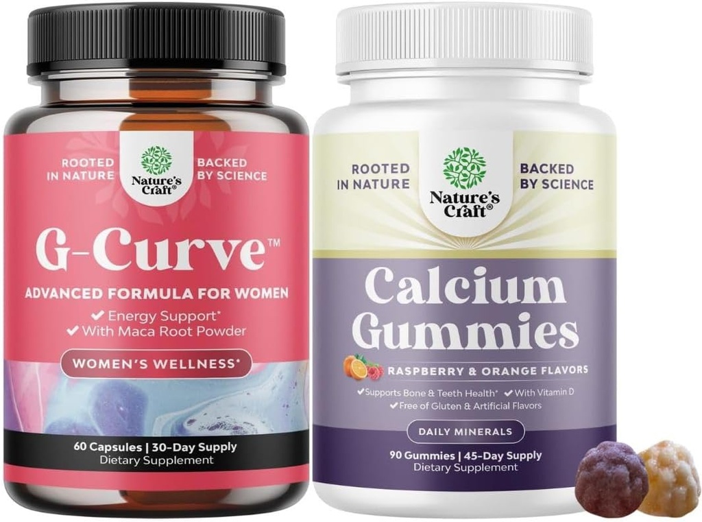 Bundle of G-Curve Butt and Breast Enhancement Pills - Herbal Enhancer May Support Body Sculpting Curves and High Absorption Calcium Gummies for Women with Vitamin D3 for Bone Health and Immune Support