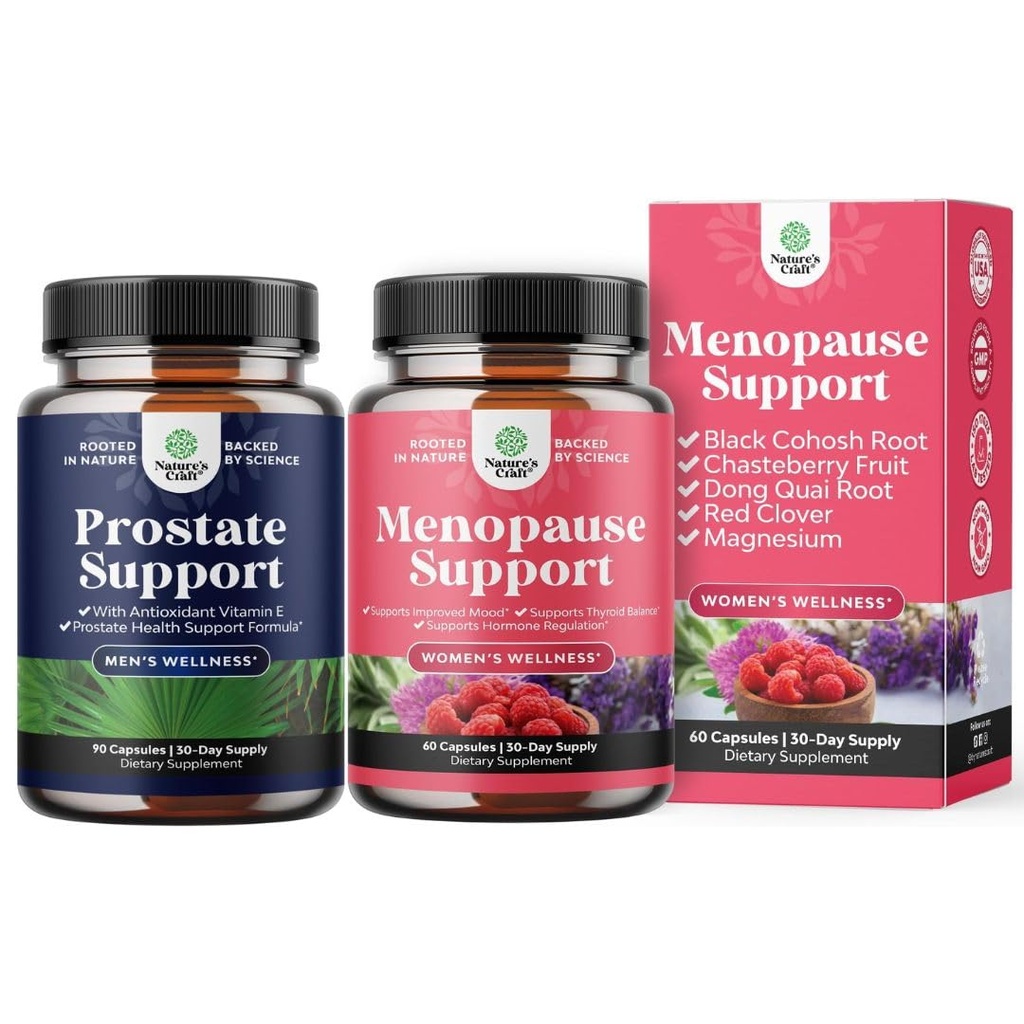 Bundle of Herbal Prostate Supplement for Men - Potent Pygeum Saw Palmetto Extract Beta Sitosterol & Green Tea and Complete Herbal Menopause Supplement for Women - Female Hormone Balance Capsules