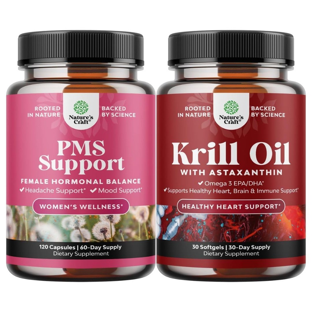 Bundle of PMS Support Supplement for Women with DIM, Chasteberry, Black Cohosh & Ashwagandha and Krill Omega 3 Fish Oil Softgels 500mg - Concentrated Krill EPA & DHA - Burpless Fatty Acids Supplement