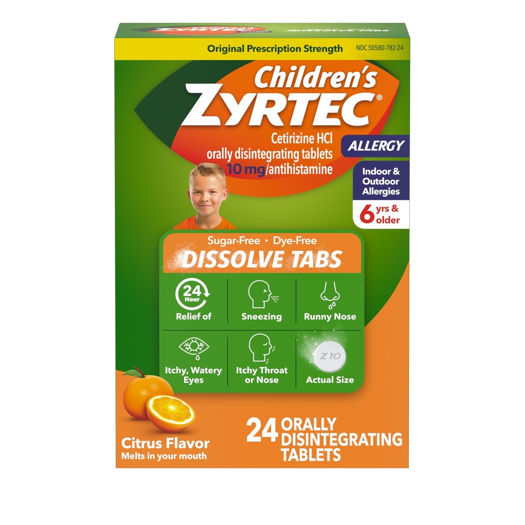 Zyrtec Children's 24 Hour Dissolving Allergy Relief Tablets with 10 mg Cetirizine Hydrochloride Antihistamine, Dissolvable Allergy Medicine for Kids Ages 6 Years+, Citrus Flavor, 24 ct