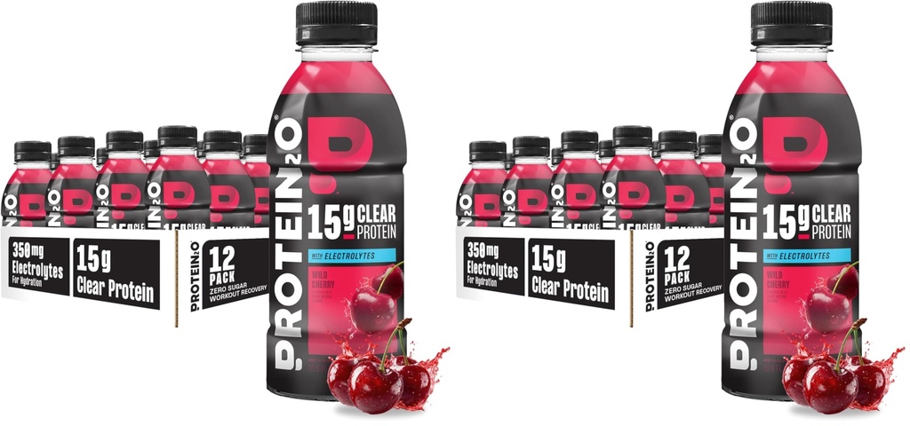 Protein2o Hydration Drink - 2-in-1 Liquid Clear Whey Protein Isolate and Electrolyte Drink - 15g Protein,Vitamins B5,B6 - Post-Workout Recovery - 16.9 Fl Oz - Wild Cherry,(Pack of 24)