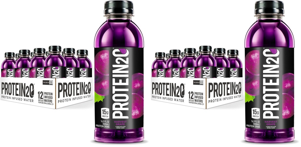 Protein2o 15g Whey Protein Isolate Infused Water,Ready To Drink,Sugar Free,Gluten Free,Lactose-Free,Harvest Grape,16.9 oz Bottle,(Pack of 24)