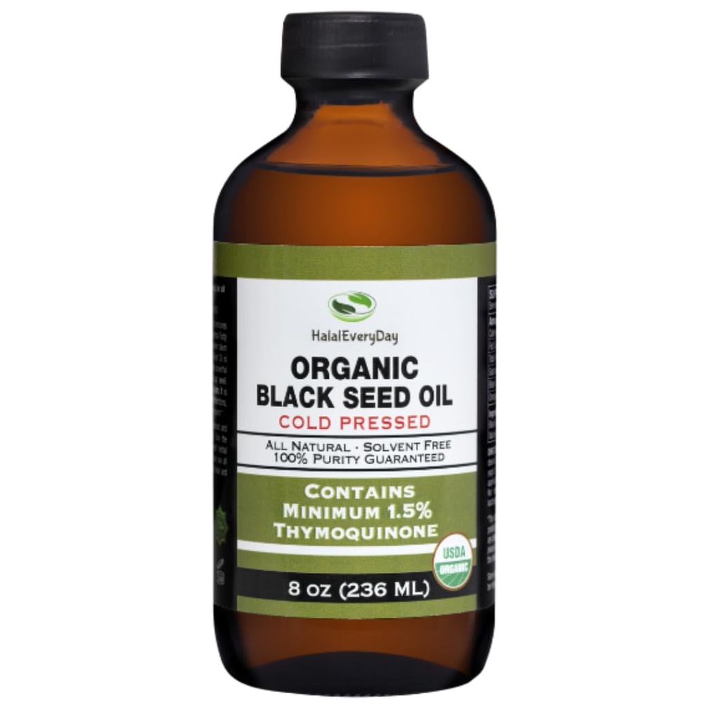 Organic Black Seed Oil - USDA Certified Cold Pressed Glass Bottle Over 1.5% Thymoquinone 3X strength Turkish Black Cumin Nigella Sativa non-GMO 100% Pure Blackseed Oil (8oz Glass Bottle)