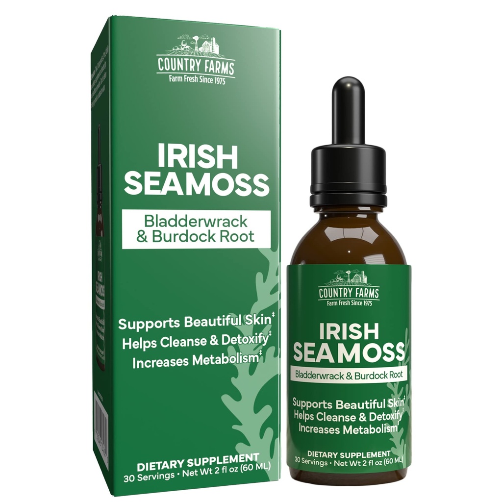 Country Farms Irish Sea Moss Liquid, Supports Beautiful Skin, Cleans and Detoxify, Immune Support, Promotes Healthy Gut, Promotes Natural Energy Levels, Burdock, Irish Moss and Bladderwrack, 2 Fl Oz