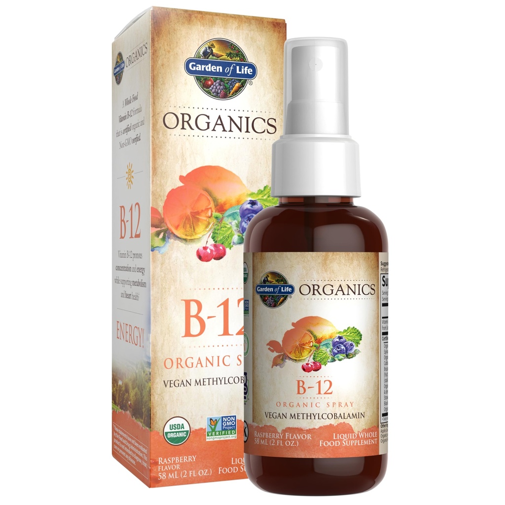Garden of Life Organics B-12 Spray with Methylcobalamin – Liquid Vitamin Spray for Energy, Metabolism & Heart Health Support, Raspberry Flavor, 2 Fl Oz Bottle, 140 Servings