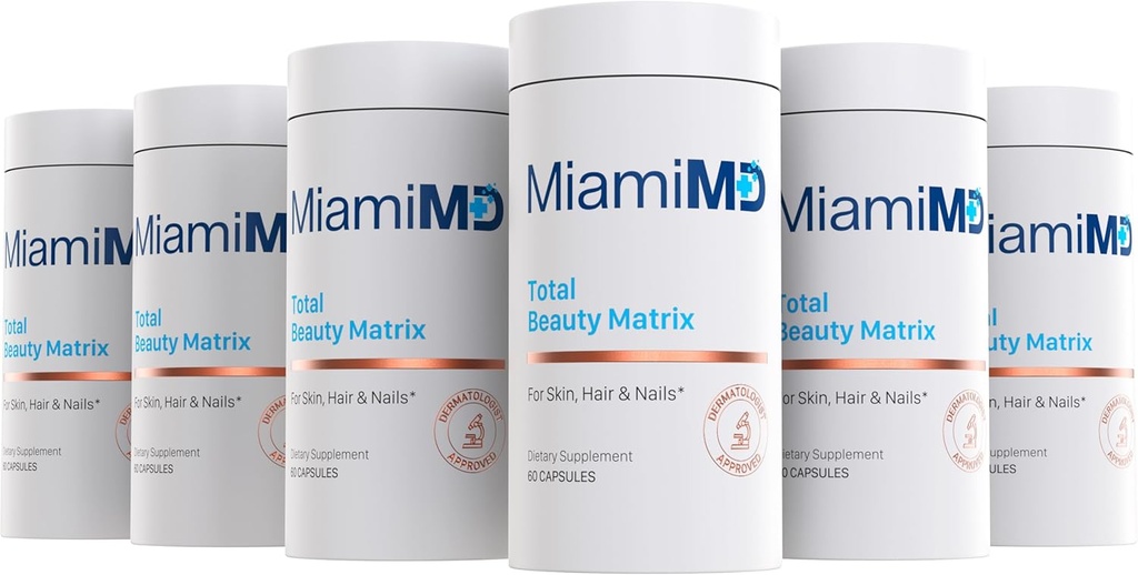 MiamiMD Total Beauty Matrix Collagen Supplements for Women - Collagen Capsules with Vitamin C for Hair, Skin and Nails - Cruelty Free - (60 Capsules) - 6 Pack