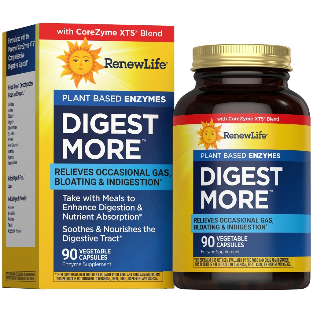 Renew Life DigestMore Digestive Enzymes | 90 Vegetable Capsules | Plant Based Enzymes | Relieves Occasional Gas, Bloating & Indigestion | Dairy, Soy, and Gluten-Free Supplement