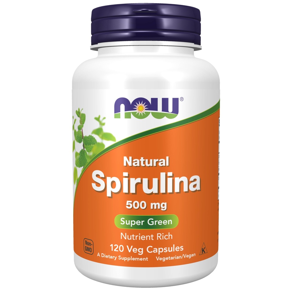 NOW Foods Supplements, Natural Spirulina 500 mg with Beta-Carotene (Vitamin A) and Vitamin B-12, and naturally occurring Protein and GLA (Gamma Linolenic Acid), 120 Veg Capsules