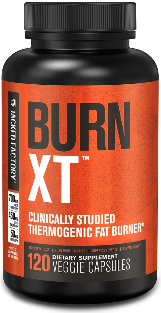 Jacked Factory Burn-XT Clinically Studied Fat Burner & Weight Loss Supplement - Appetite Suppressant & Energy Booster - with Acetyl L-Carnitine, Green Tea Extract and More - 120 Natural Diet Pills