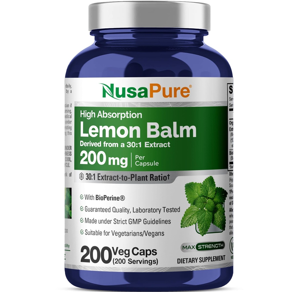 NusaPure Lemon Balm Capsules, 200 mg, 200 Veg Capsules (Non-GMO, Vegan)