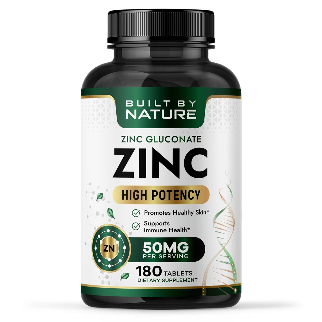 Built By Nature Zinc 50 mg – Zinc Gluconate for Highly-Absorbable Immune & Antioxidant Support – Promotes Skin, Eye & Immune Health – Non-GMO, Gluten-Free – 180 Tablets