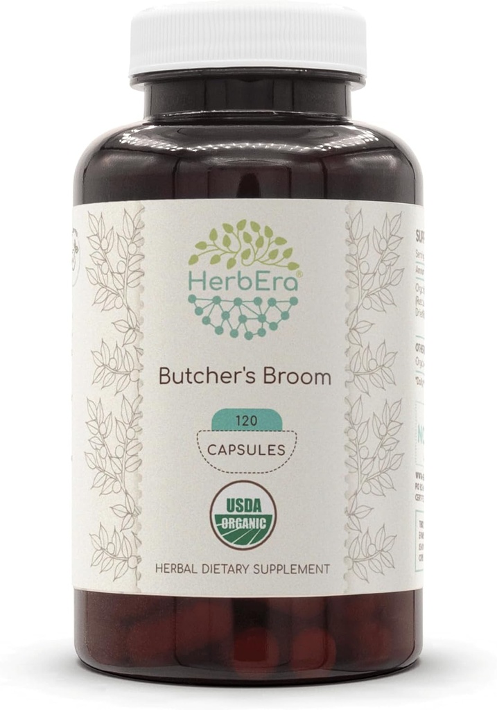 HerbEra Butcher's Broom USDA Organic 120 Capsules | Natural Herbal Supplement | Certified Organic Vegetarian Capsules and Organic Butcher's Broom (Ruscus aculeatus) Dried Root (120 Capsules)
