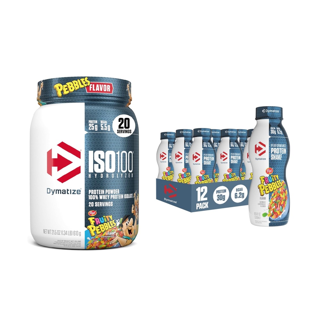 Bundle of Dymatize Performance Protein Shake, Fruity Pebbles (12 pack) + ISO100 Whey Protein Powder Isolate, Fruity Pebbles (20 Servings)