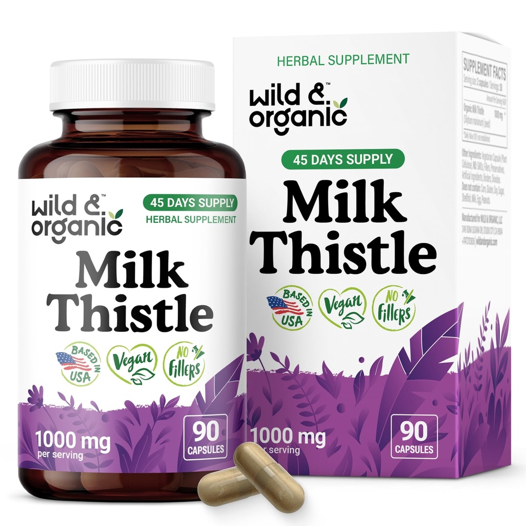 Wild & Organic Milk Thistle Capsules 1000mg - Liver Detox Supplements - Silymarin Milk Thistle Powder for Liver Cleanse - 90 Vegan Capsules - 45-Days Supply - No Fillers, Non-GMO