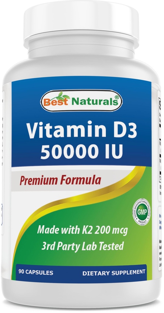 Best Naturals Vitamin D3 50,000 IU with MK-7 K2 200 mcg – 90 Veg Capsules – High Potency – Non-GMO, Gluten Free