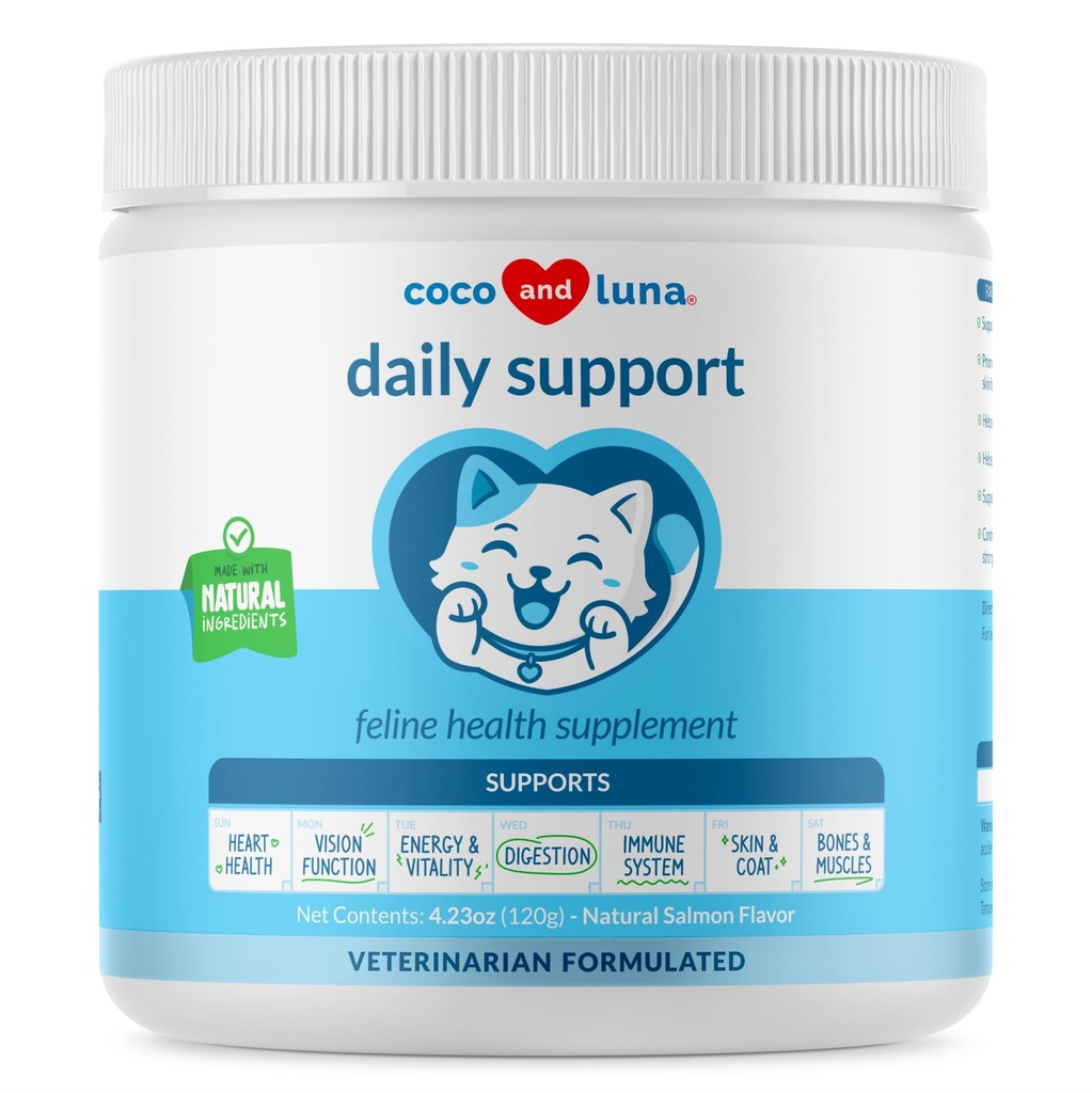 Daily Support Multivitamin for Cats - 4oz Powder - L-Lysine, Taurine, and Spirulina for Immune Support and Eye Health - Fish Oil & Vitamins for Skin and Heart Health. (for Cats)