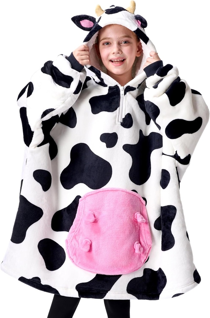Giggling Getup Wearable Blanket Hoodie for Girls and Boys Sherpa Fleece Hooded Blanket Sweatshirt Warm Cozy Sherpa Wearable Throw Oversized Hoodie with Giant Pocket & Sleeves for Kids Cow