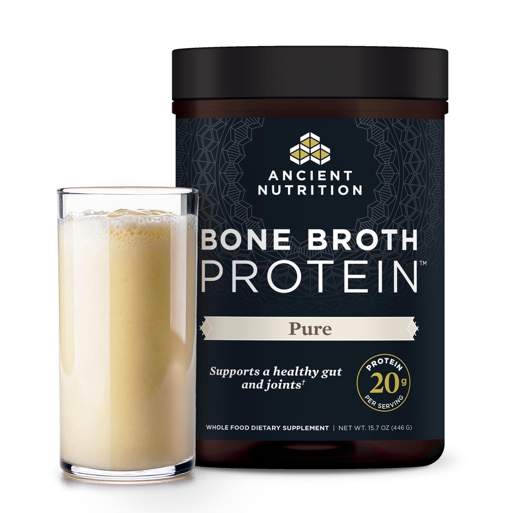 Ancient Nutrition Grass Fed & Cage Free Bone Broth Protein Powder, 20g Protein Per Serving, Hydrolyzed Collagen Peptides, Glucosamine, Chondroitin, Supports Joint & Gut Health, Pure, 20 Servings
