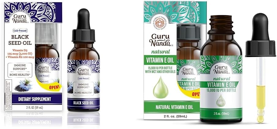 GuruNanda Black Seed Oil, Cold-Pressed Nigella Sativa - Rich in Vitamin D3 5000 Units, K2 & E & Vitamin E Oil (2 Fl Oz) - 100% Pure & Natural, 15,000 IU per Bottle for Skin, Hair, Face