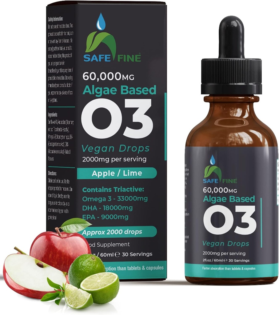 Omega 3 Liquid Vegan Drops - DHA & EPA from Algae Oil - 60 ml Dropper Bottle - 2000 mg per Serving - Supports Overall Body Wellness Supplement for The Whole Family