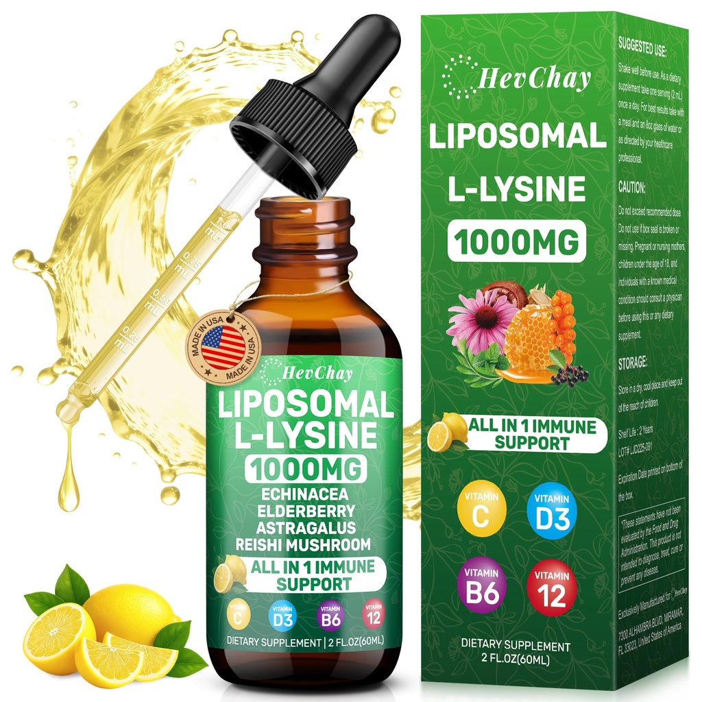 Liposomal L-lysine 1000MG Liquid Drops, L-Lysine Supplements for Kids and Adults, All-in-1 Essential Amino Acid with Vitamin C, B6, D3, B12 & Zinc for Collagen, Lip, skin & Immune Support, 1 Pack