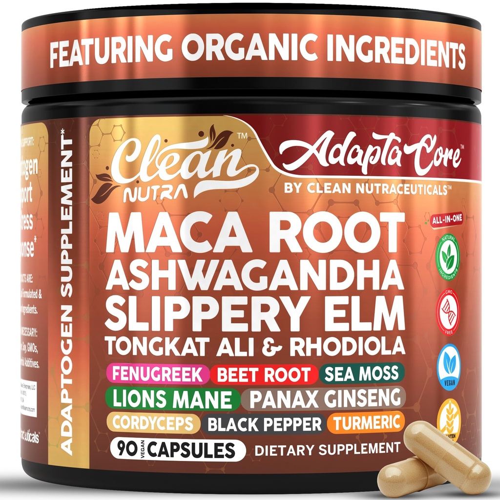 Clean Nutra Organic Maca Root Capsules for Women + Ashwagandha Slippery Elm Tongkat Ali Rhodiola Rosea Fenugreek Beet Root Sea Moss Ginseng Black Yellow Red Maca Powder Supplement 90 Pills