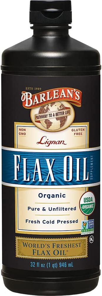 Barlean's Organic Lignan Omega 3 Flaxseed Oil Liquid Supplement for Men and Women, Cold Press Flax Seeds, 7230mg ALA Fatty Acid, Vegan and Gluten Free, 32 oz