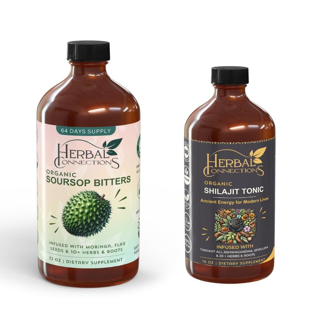 Herbal Connections Organic Soursop Bitters and Shilajit Tonic, 20 Herbal Blend, Natural Healthcare, Gut Health and Detox Support, 32 oz and 16 oz