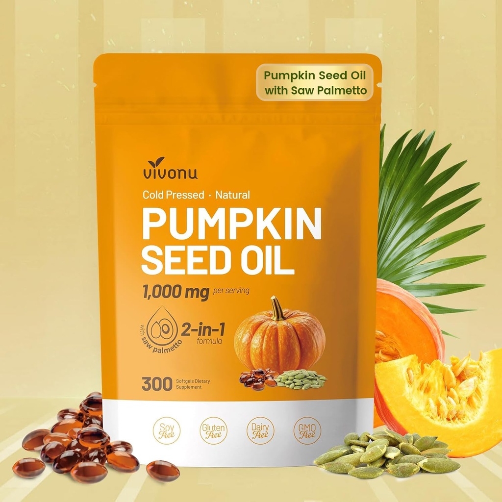 VivoNu Pumpkin Seed Oil with Saw Palmetto Capsules | Cold Pressed, Pure Virgin Oil, Essential Fatty Acids & Phytosterols 300 Softgels Supports Hair, Urinary, Bladder & Prostate Health, Non-GMO