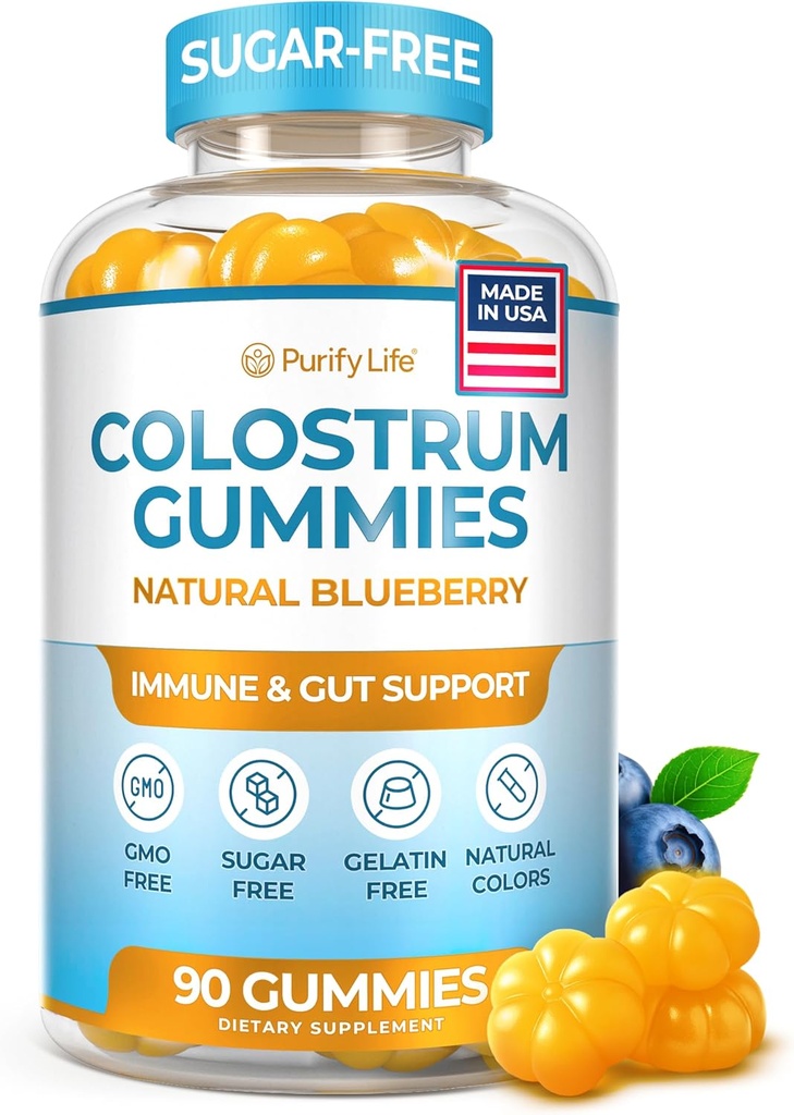 Sugar-Free Colostrum Gummies (1500mg) Bovine Colostrum for Humans, Grass-Fed Supplement for Gut Health, Leaky Gut Repair, Immune Support, Skin Health - 35% IgG Per Serving