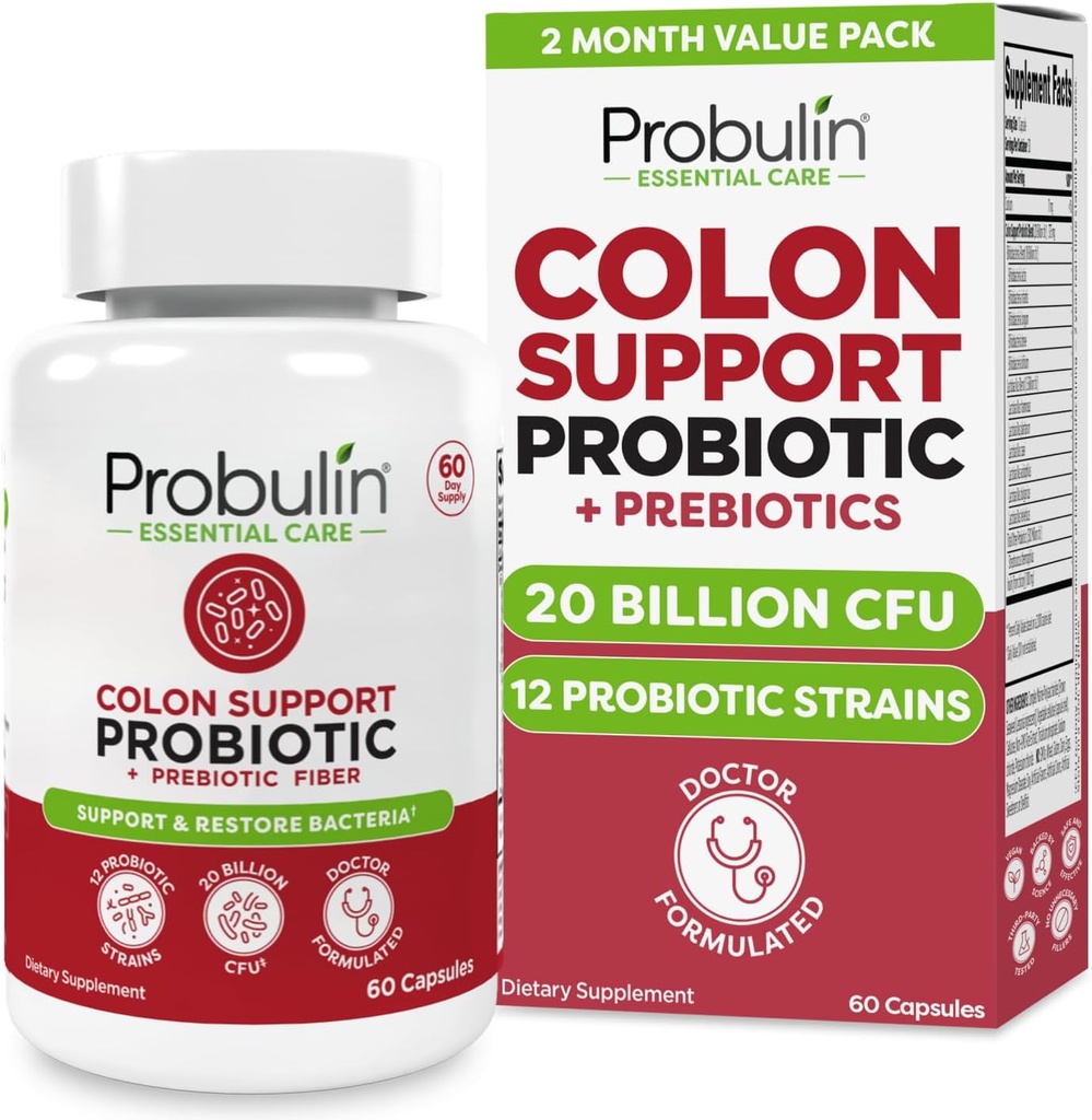 Probulin Colon Support Probiotic Supplement, Daily Gut, Digestive, and Immune Health Probiotics Capsules for Men and Women, 20 Billion CFU, Vegan, 60 Count Bottle