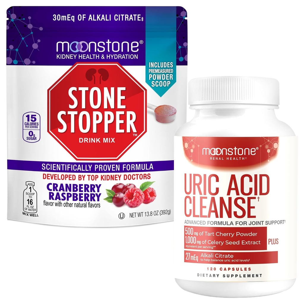 Moonstone Stone Stopper Drink Mix, 30-Day Supply Cranberry/Raspberry + Uric Acid Bundle