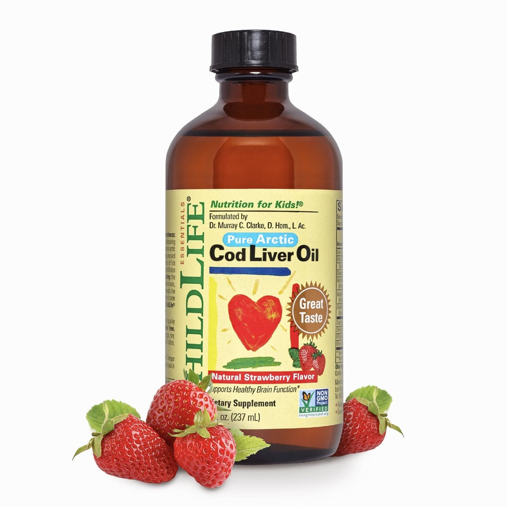 CHILDLIFE Essentials Cod Liver Oil for Kids - Liquid Arctic Cod Liver Oil for Babies 6+ Months, Toddlers, & Kids, Added DHA, EPA, Omega-3 Fatty Acids - Strawberry, 8 fl oz