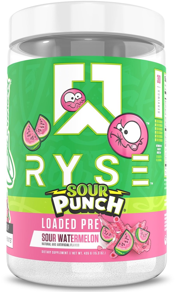 RYSE Loaded Pre Workout Powder - Sour Punch Watermelon - Daily Pre-Workout for Men & Women with 300mg Caffeine, Beta Alanine, and Citrulline for Pump, Focus, and Energy - 30 Servings