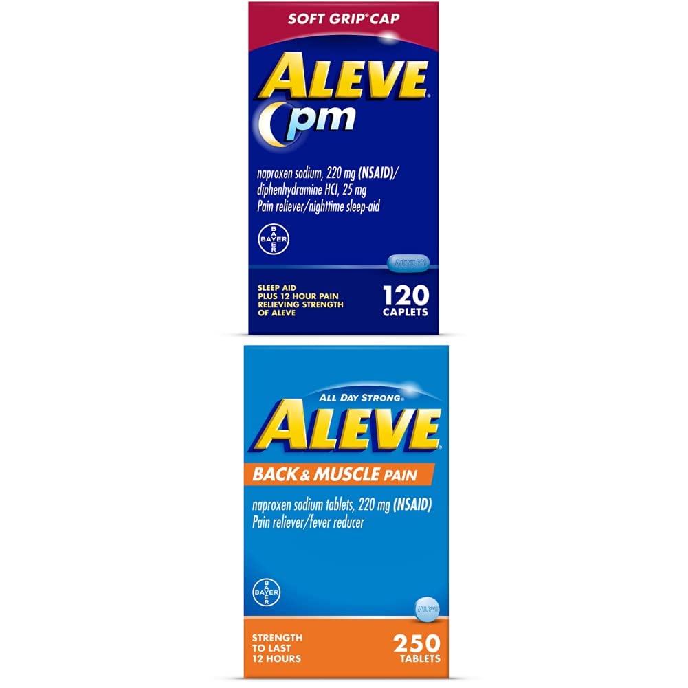 Aleve PM Naproxen Sodium Caplets, 120 Count Back & Muscle with Naproxen, 250 Count, Sleep Aid and Pain Relief