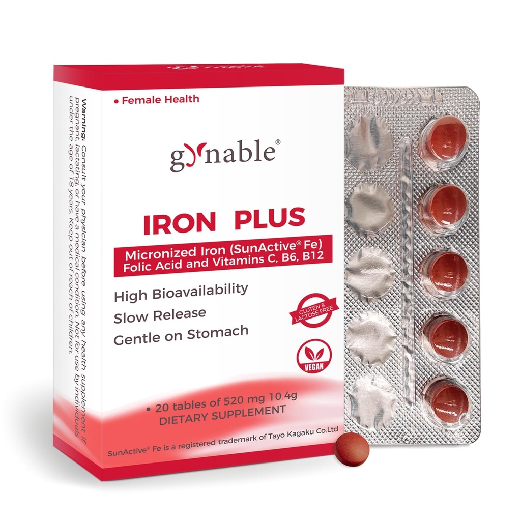 Gentle Iron Supplement for Women Anemia: Slow Release Iron Pills Clinically Shown to Support Iron for Prenatal Pregnant Patented SunActive Tech, with Folic Acid, B12, Vitamin C & B6, 18 mg, 20 Tablets