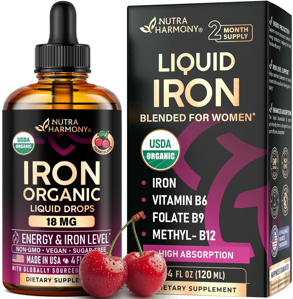 Liquid Iron Supplement for Women 18 mg - USDA Organic Drops, USA-Made - with Folate, Vitamin B12 & B6 - Iron Level & Energy - Gentle & High Absorption Glycinate Form - Cherry Flavor, Sugar-Free, 4 oz
