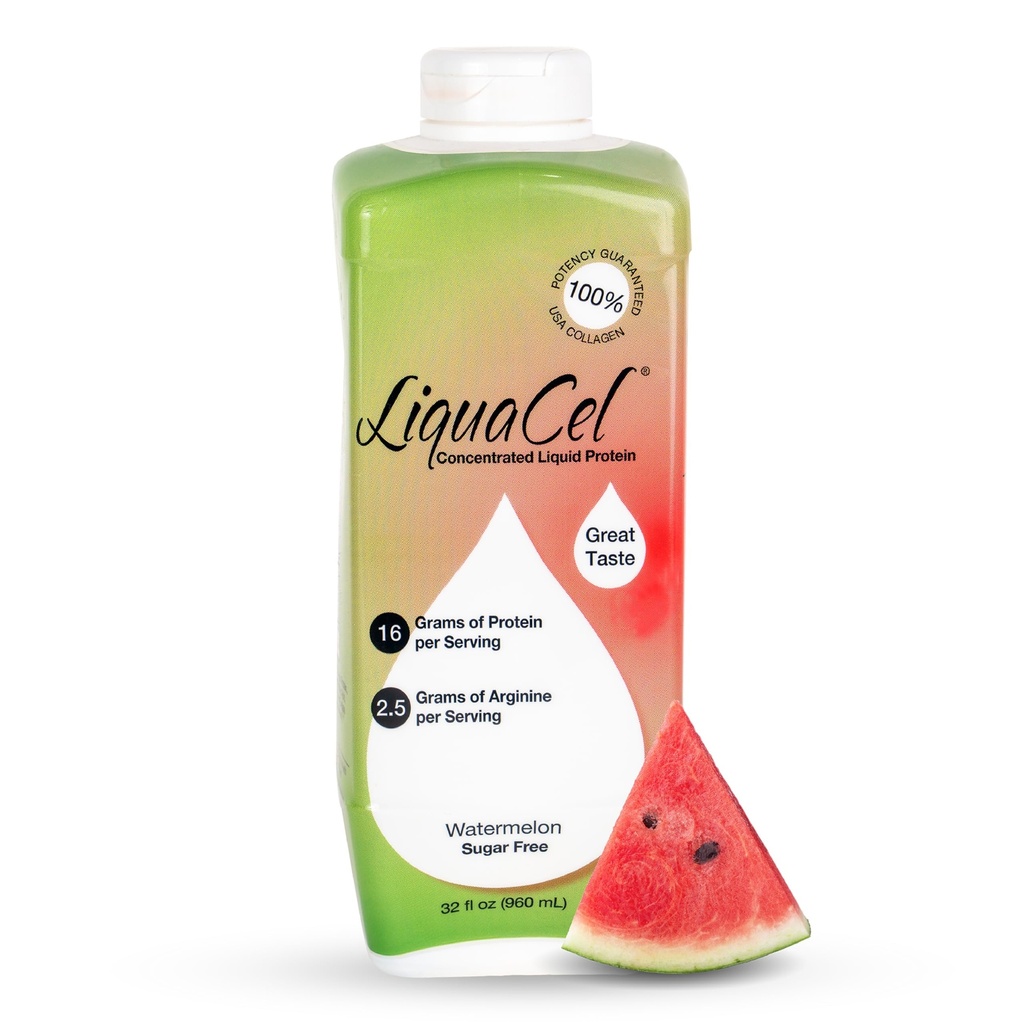 LiquaCel Concentrated Liquid Protein, Watermelon Flavor, Ready-to-Drink, 16g Hydrolyzed Collagen Protein and 2.5g Arginine Per 1oz Serving, Sugar & Gluten Free, 32 fl oz Bottle, Case of 6